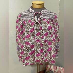 Rachel Zoe Floral Cotton Peasant Boho Smocked Long Sleeve Tassel Tie Top